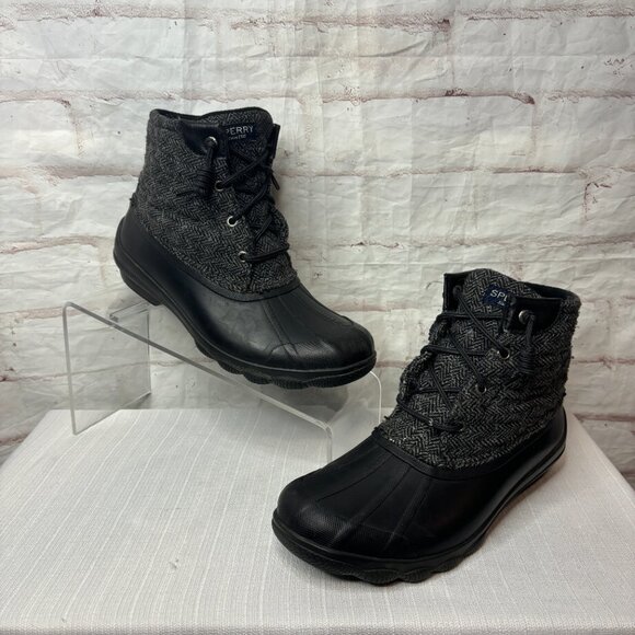 Sperry Women's 7.5 Black Grey Herringbone Syren Gulf Ankle Duck Boots - Picture 3 of 9